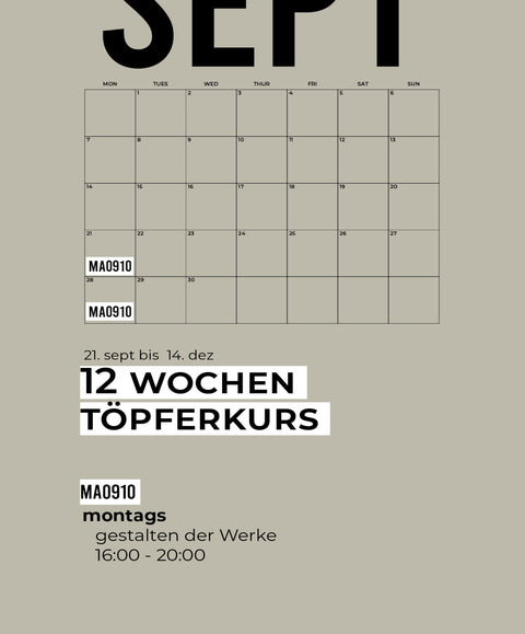 09 SEPT OKT NOV DEZ | 12-teiliger töpferkurs
